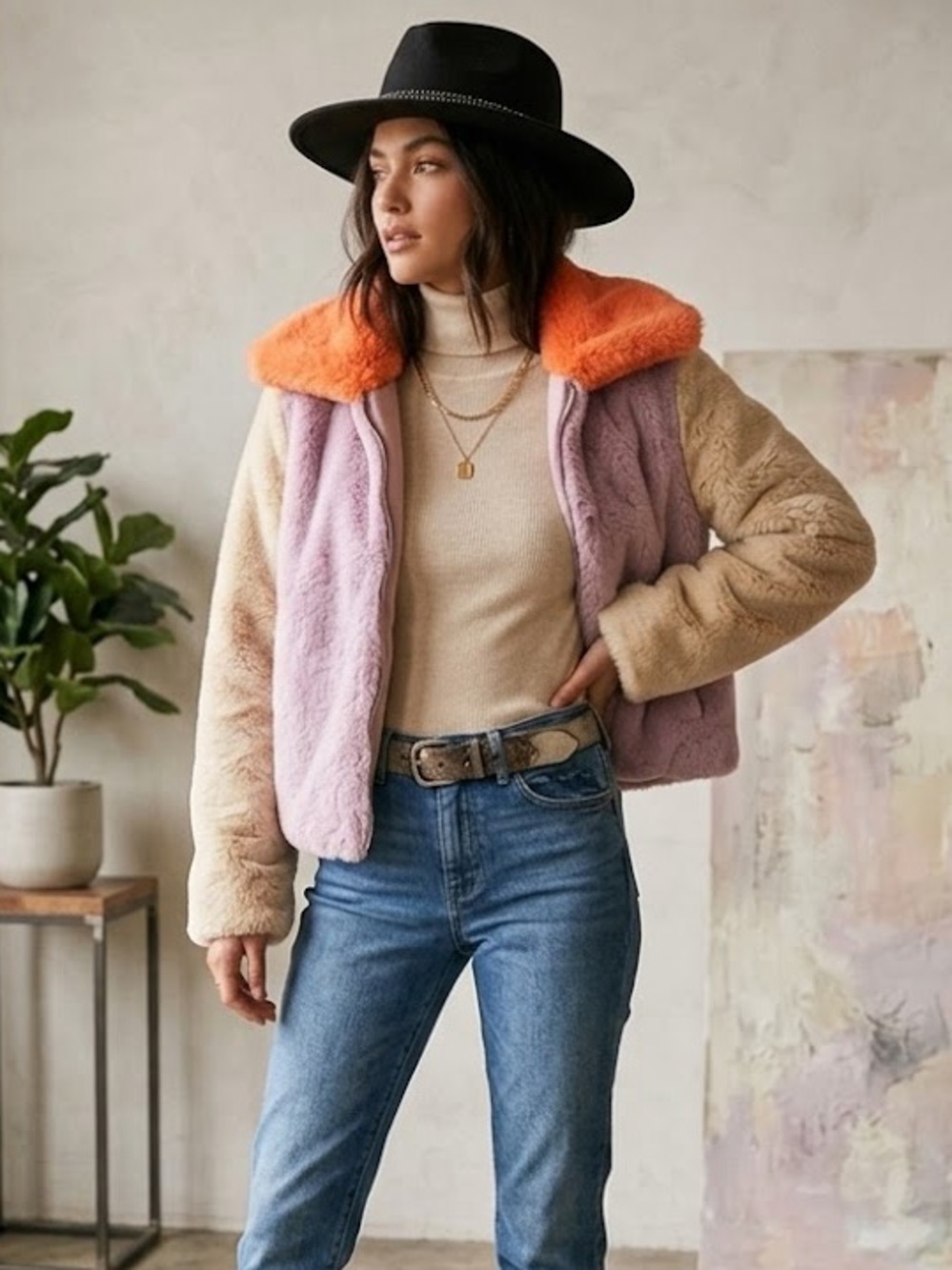 New York & Company Faux Mink Fur Color Block Plush Color Block Jacket size XS/S